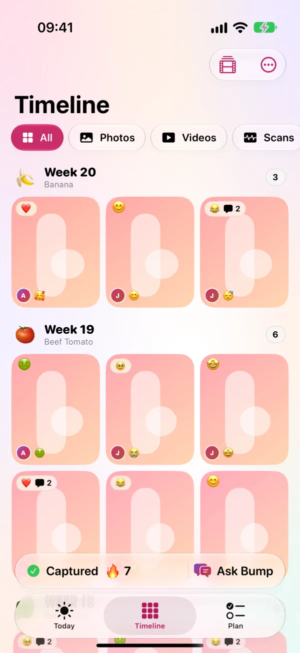 Timeline of bump photos grouped by week
